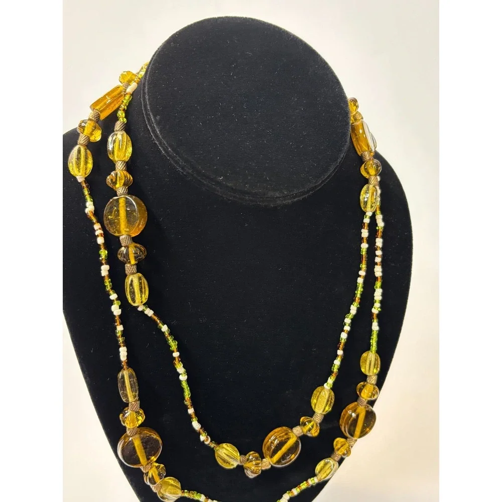 Necklace Amber Color Art Glass Beads Long for Layering‎ Boho